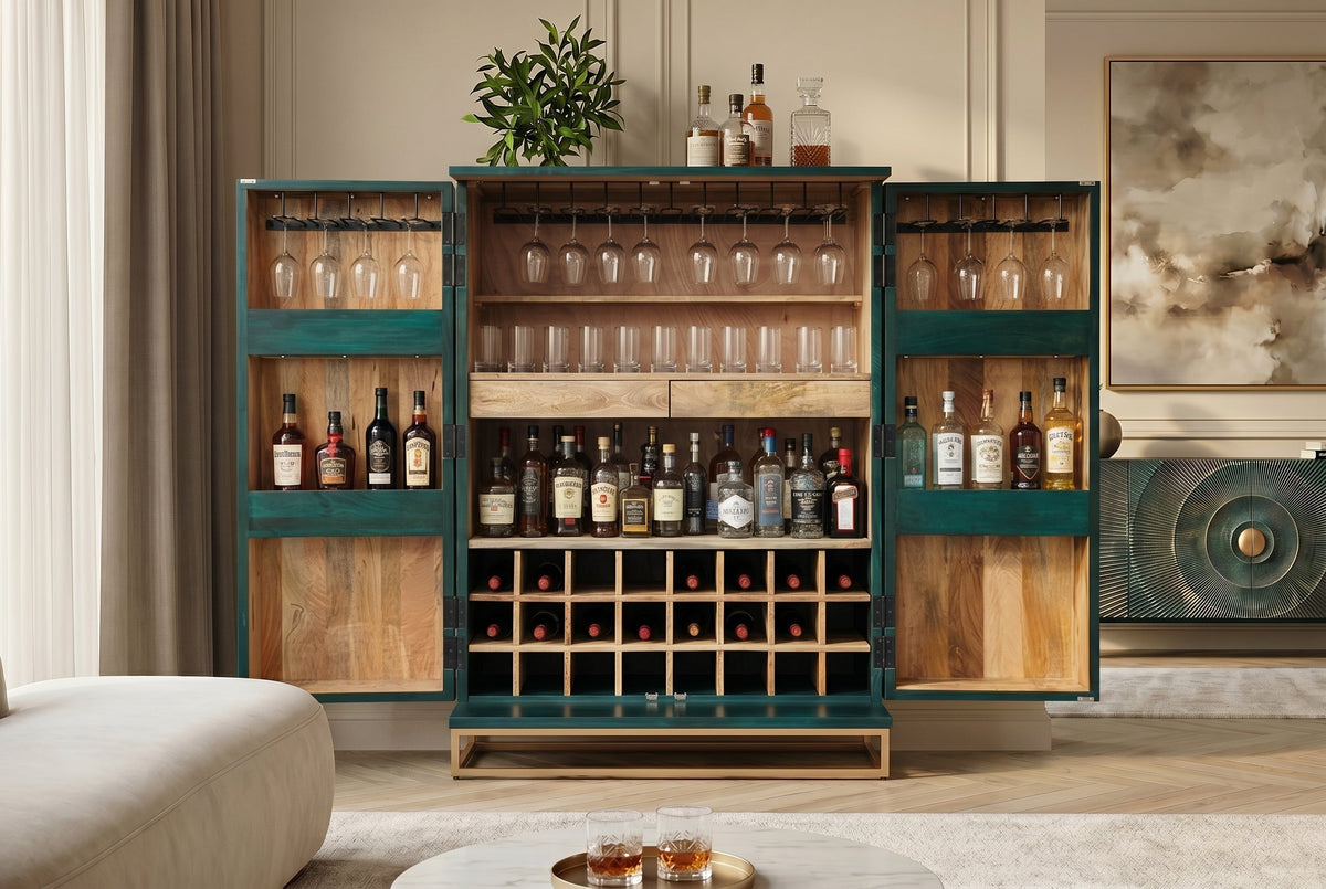 Meuble bar artisanal GOLDEN SUNSET 140cm bois de manguier massif turquoise