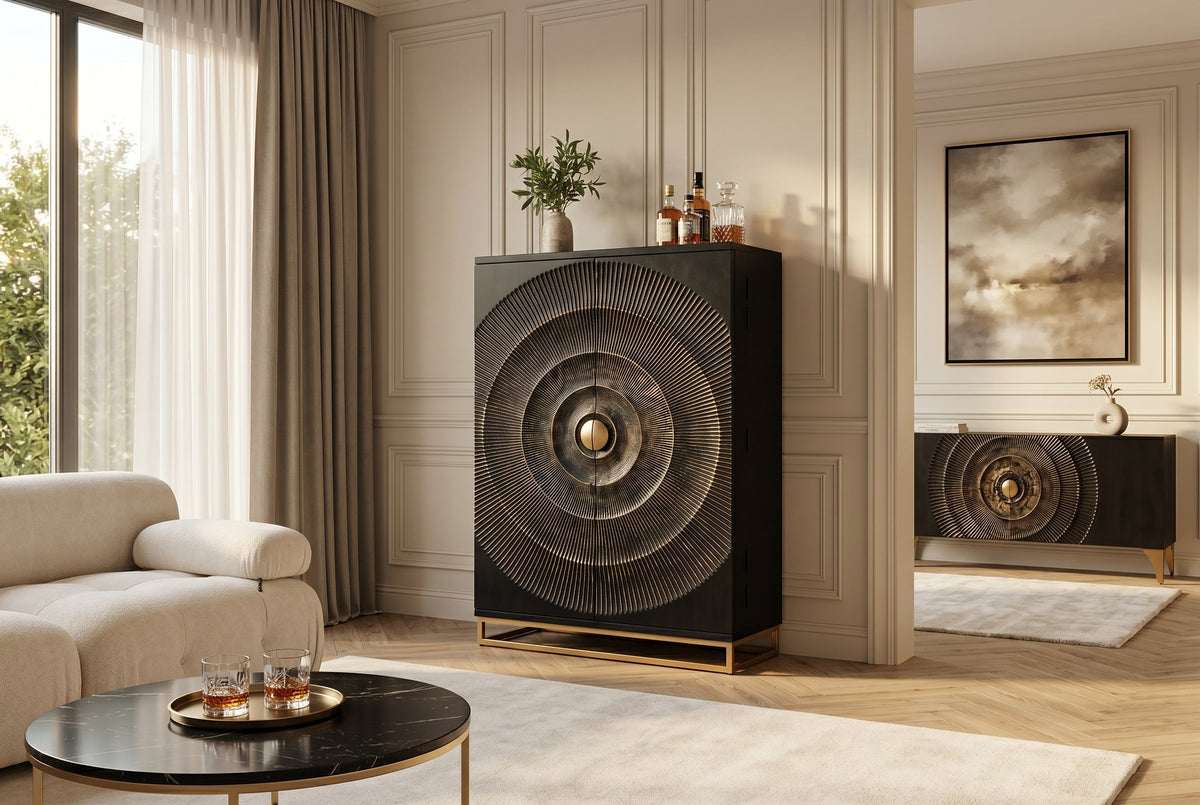 Meuble bar artisanal GOLDEN SUNSET 140cm noir doré bois de manguier massif