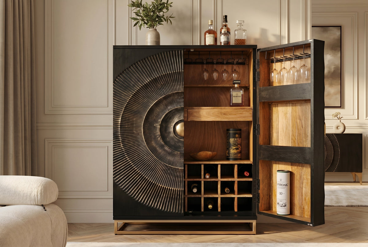 Meuble bar artisanal GOLDEN SUNSET 140cm noir doré bois de manguier massif