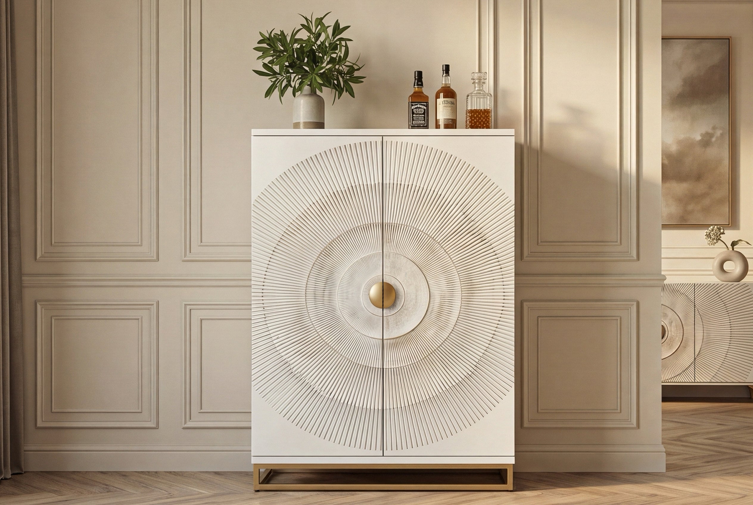Meuble bar artisanal GOLDEN SUNSET 140cm or blanc en manguier massif