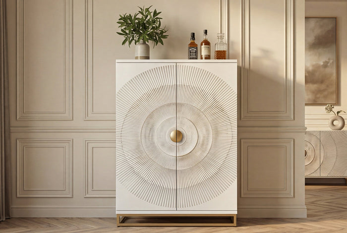 Meuble bar artisanal GOLDEN SUNSET 140cm or blanc en manguier massif