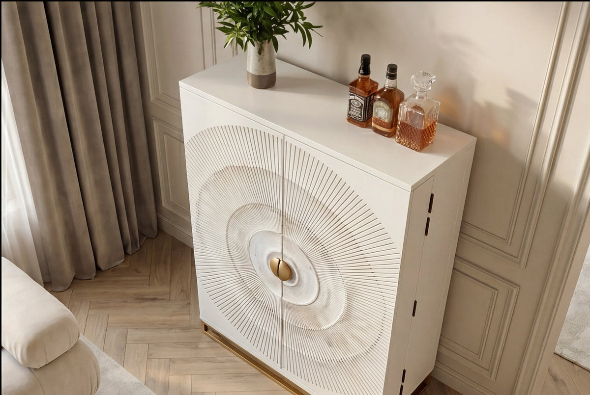 Meuble bar artisanal GOLDEN SUNSET 140cm or blanc en manguier massif