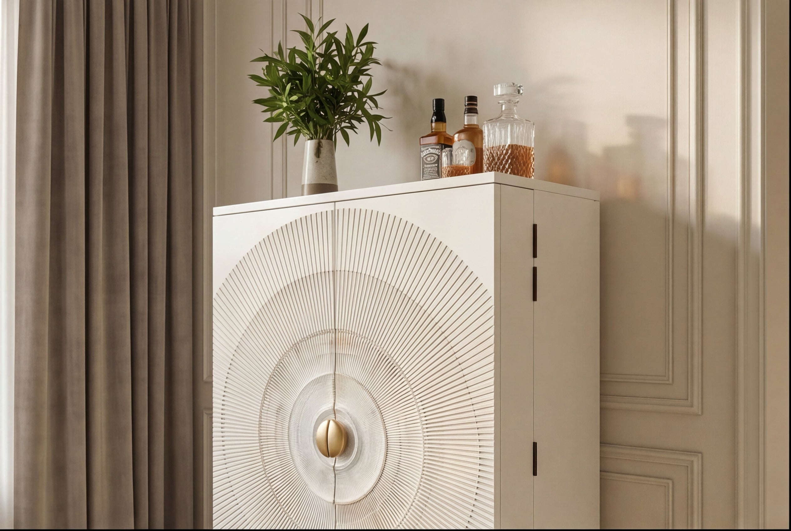 Meuble bar artisanal GOLDEN SUNSET 140cm or blanc en manguier massif