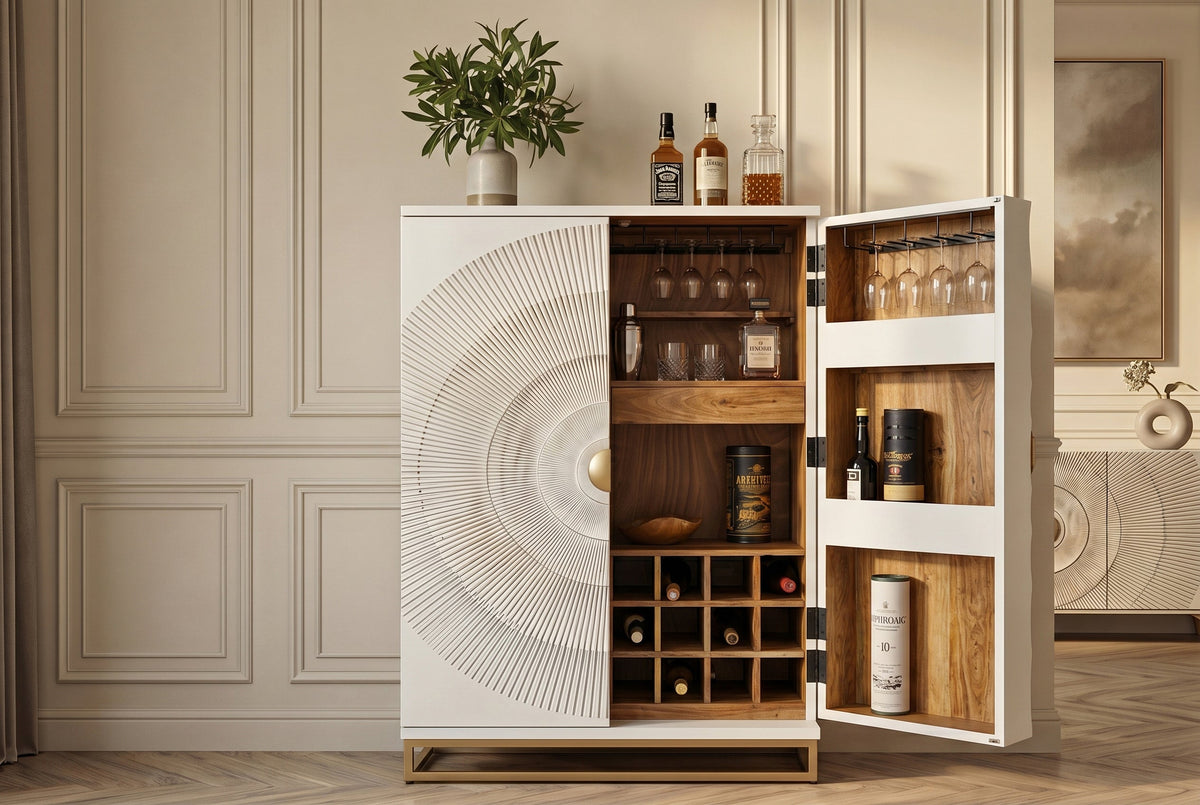 Meuble bar artisanal GOLDEN SUNSET 140cm or blanc en manguier massif
