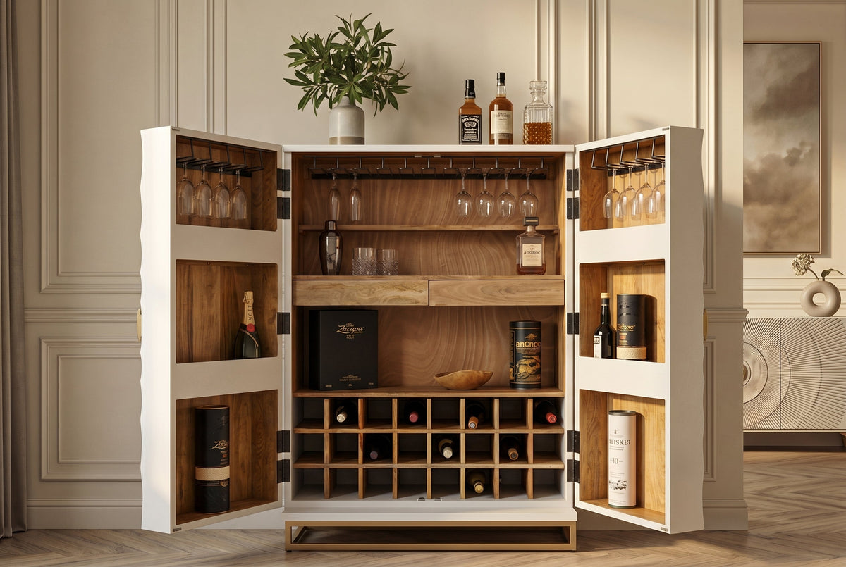 Meuble bar artisanal GOLDEN SUNSET 140cm or blanc en manguier massif