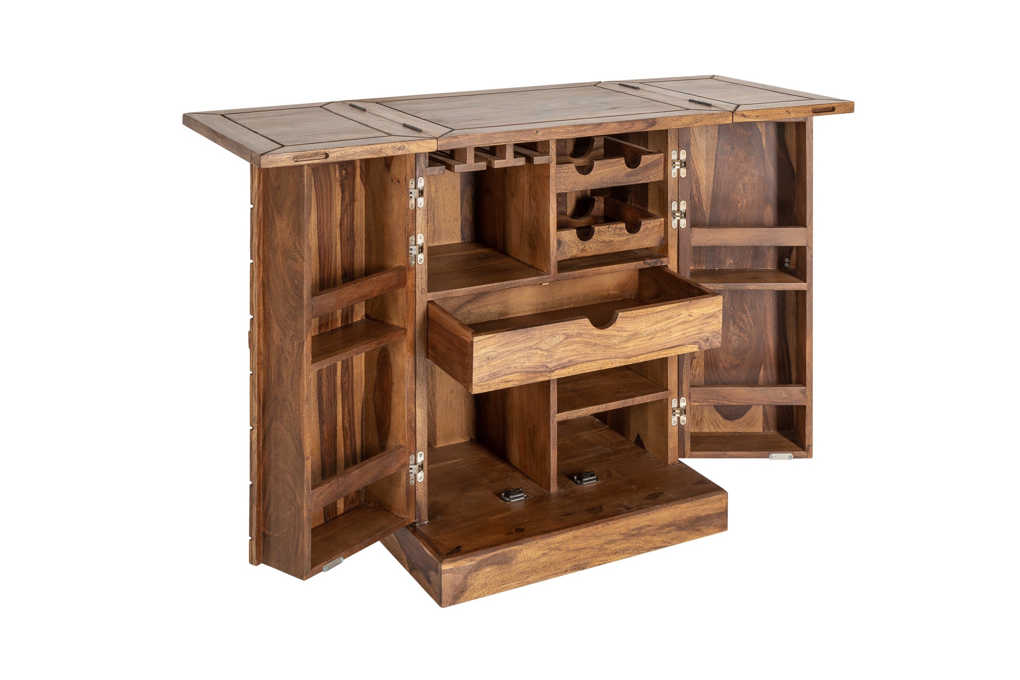 Meuble bar artisanal MOSAICO 130cm bois de sheesham marron finition pierre effet 3D