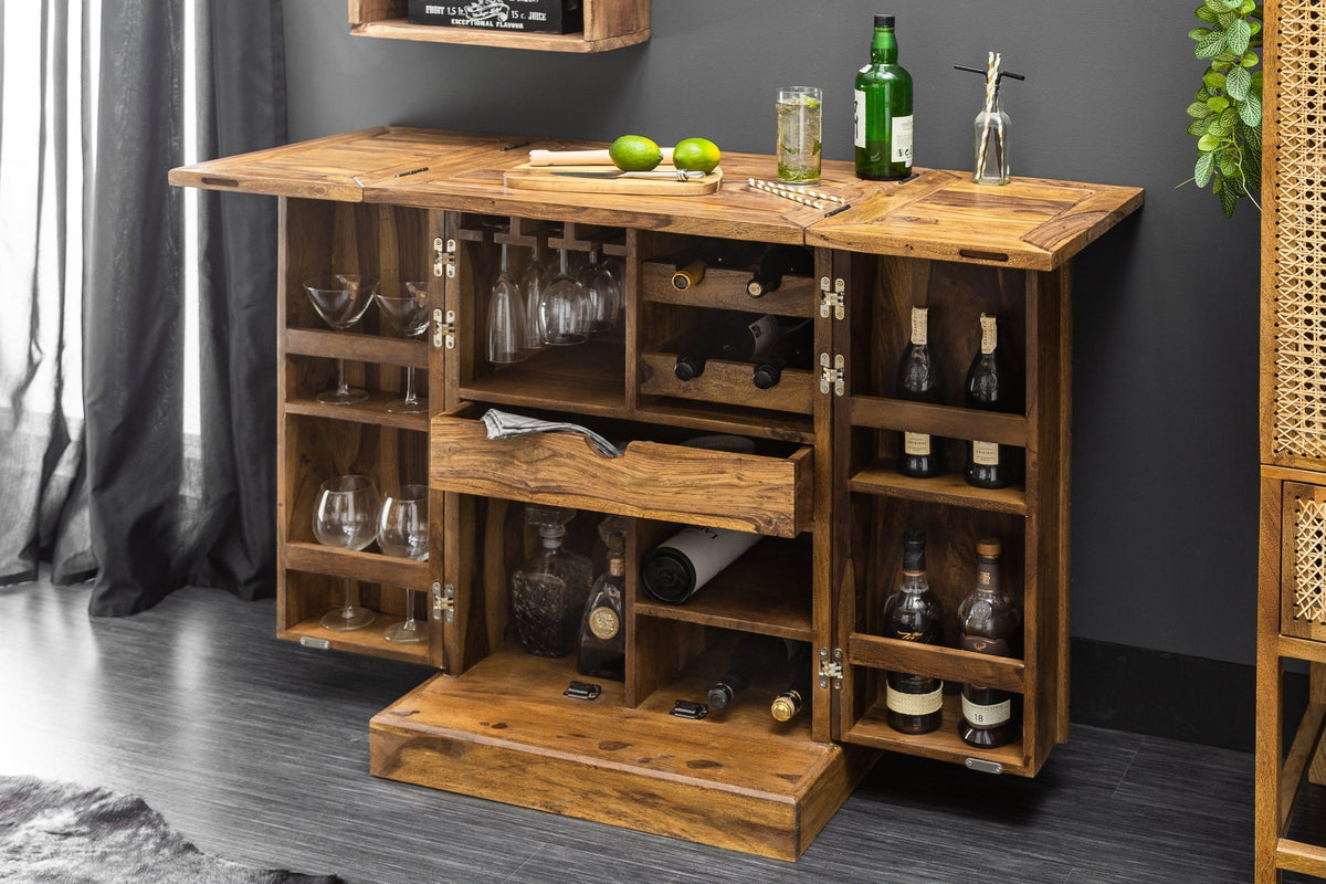 Meuble bar artisanal MOSAICO 130cm bois de sheesham marron finition pierre effet 3D