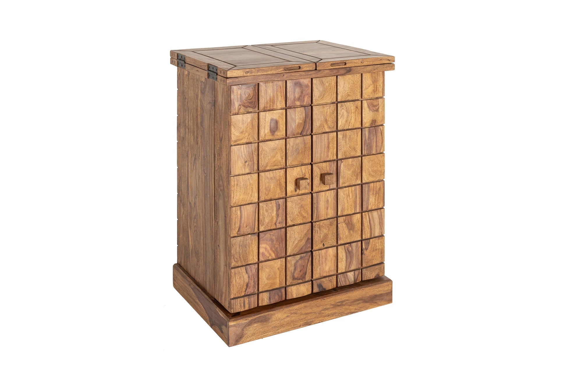 Meuble bar artisanal MOSAICO 130cm bois de sheesham marron finition pierre effet 3D
