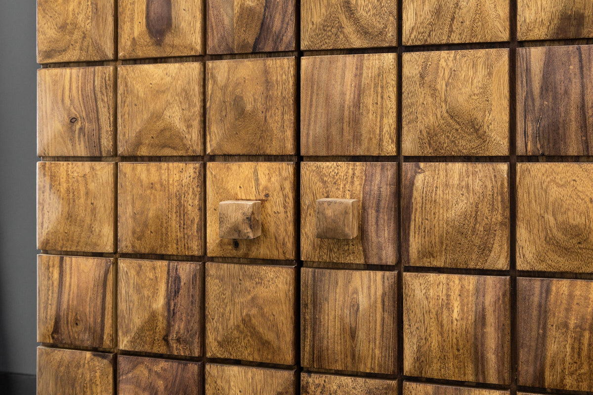 Meuble bar artisanal MOSAICO 130cm bois de sheesham marron finition pierre effet 3D
