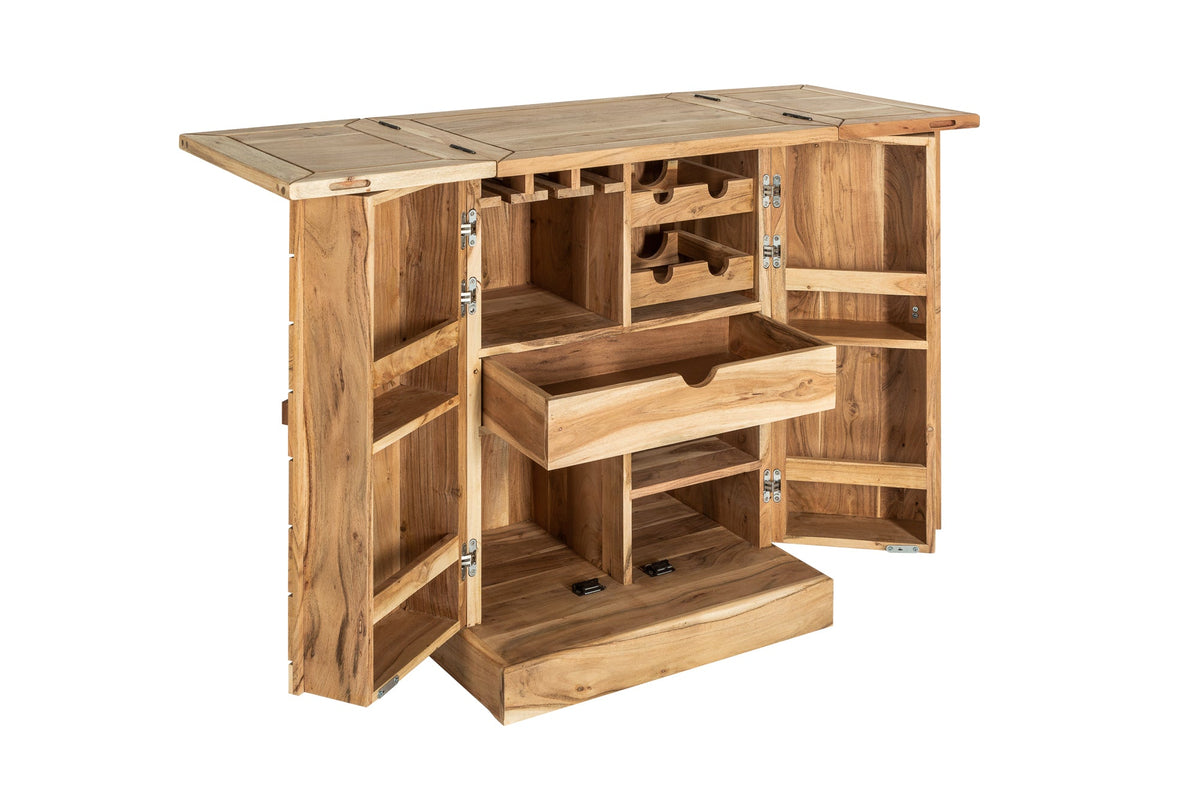 Meuble bar artisanal MOSAICO 130cm en bois d’acacia massif effet 3D