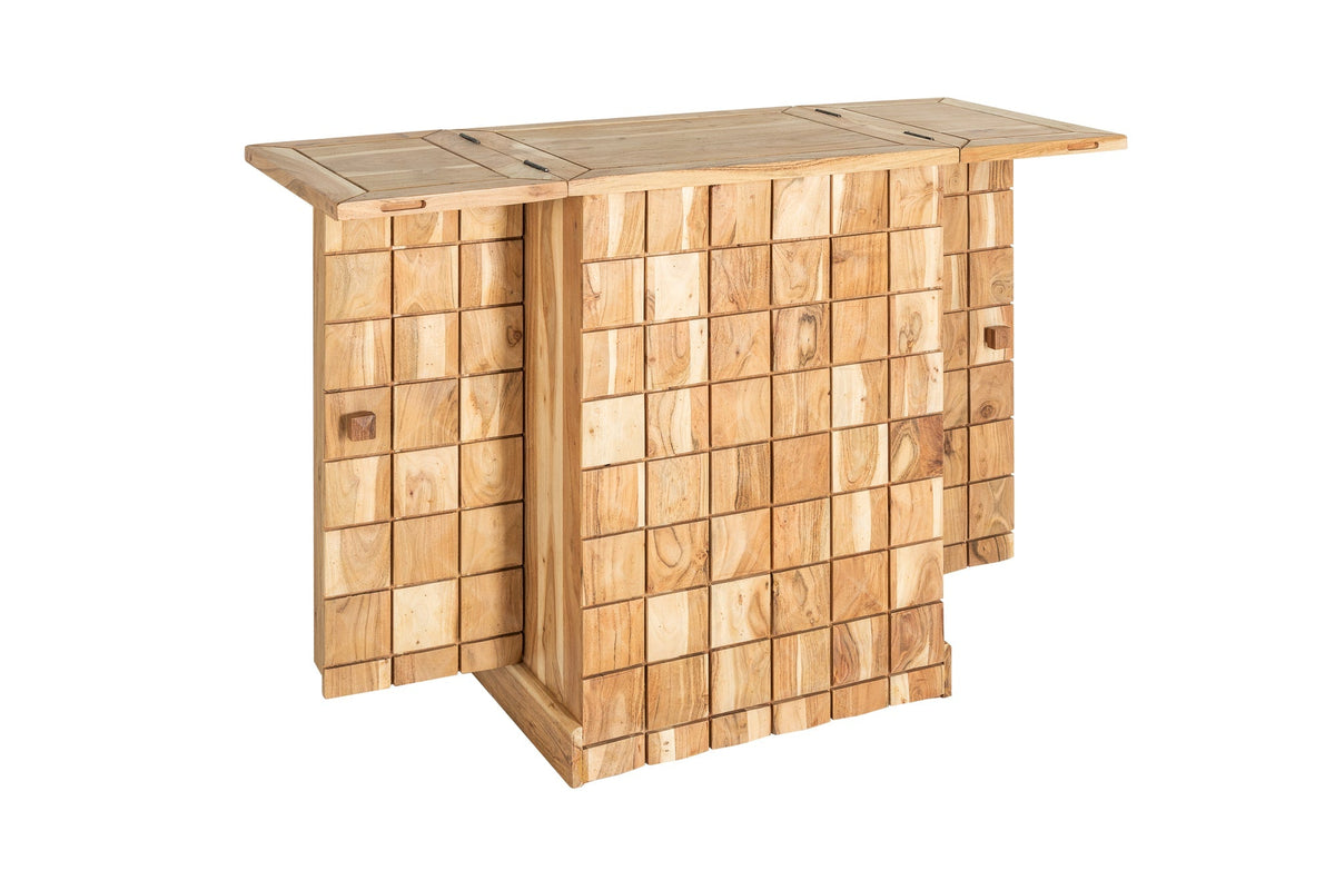 Meuble bar artisanal MOSAICO 130cm en bois d’acacia massif effet 3D