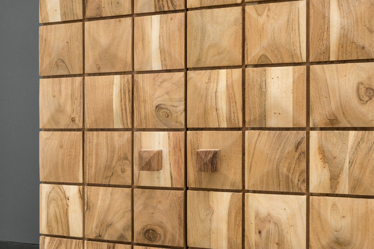 Meuble bar artisanal MOSAICO 130cm en bois d’acacia massif effet 3D