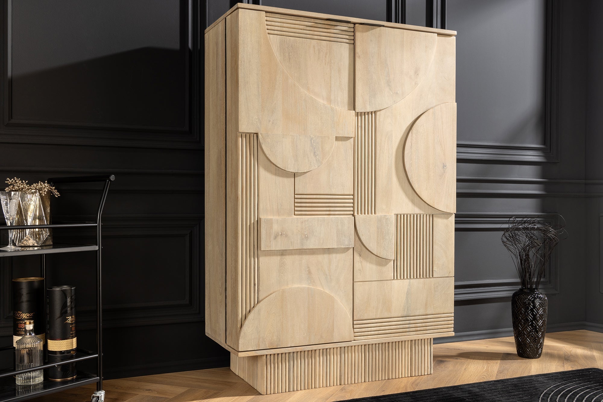 Meuble bar design ART DECO 140cm bois de manguier cérusé blanc façade 3D