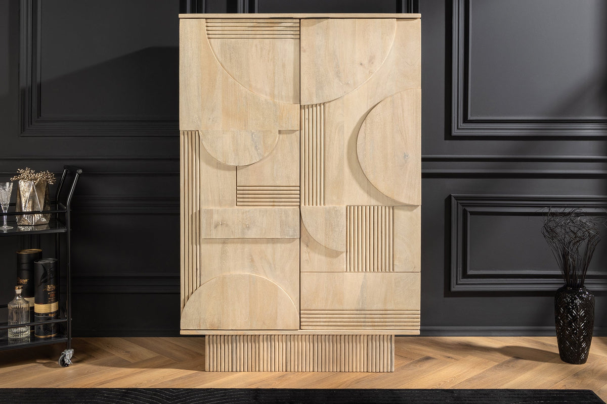 Meuble bar design ART DECO 140cm bois de manguier cérusé blanc façade 3D