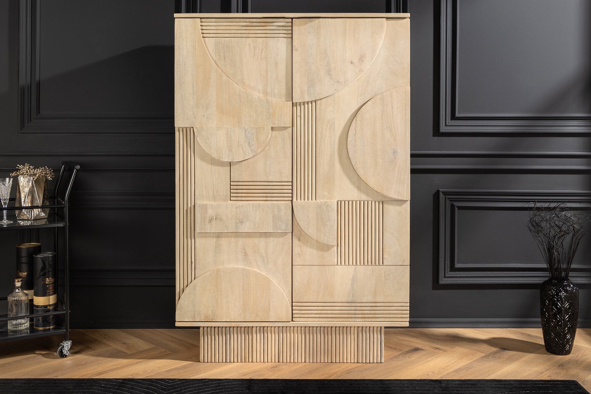 Meuble bar design ART DECO 140cm bois de manguier cérusé blanc façade 3D