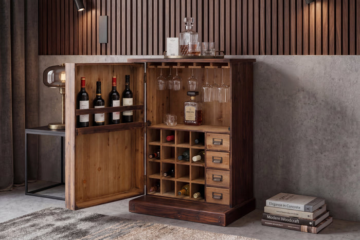 Meuble bar design BODEGA 90cm casier à vin en bois de pin naturel porte-verre tiroirs