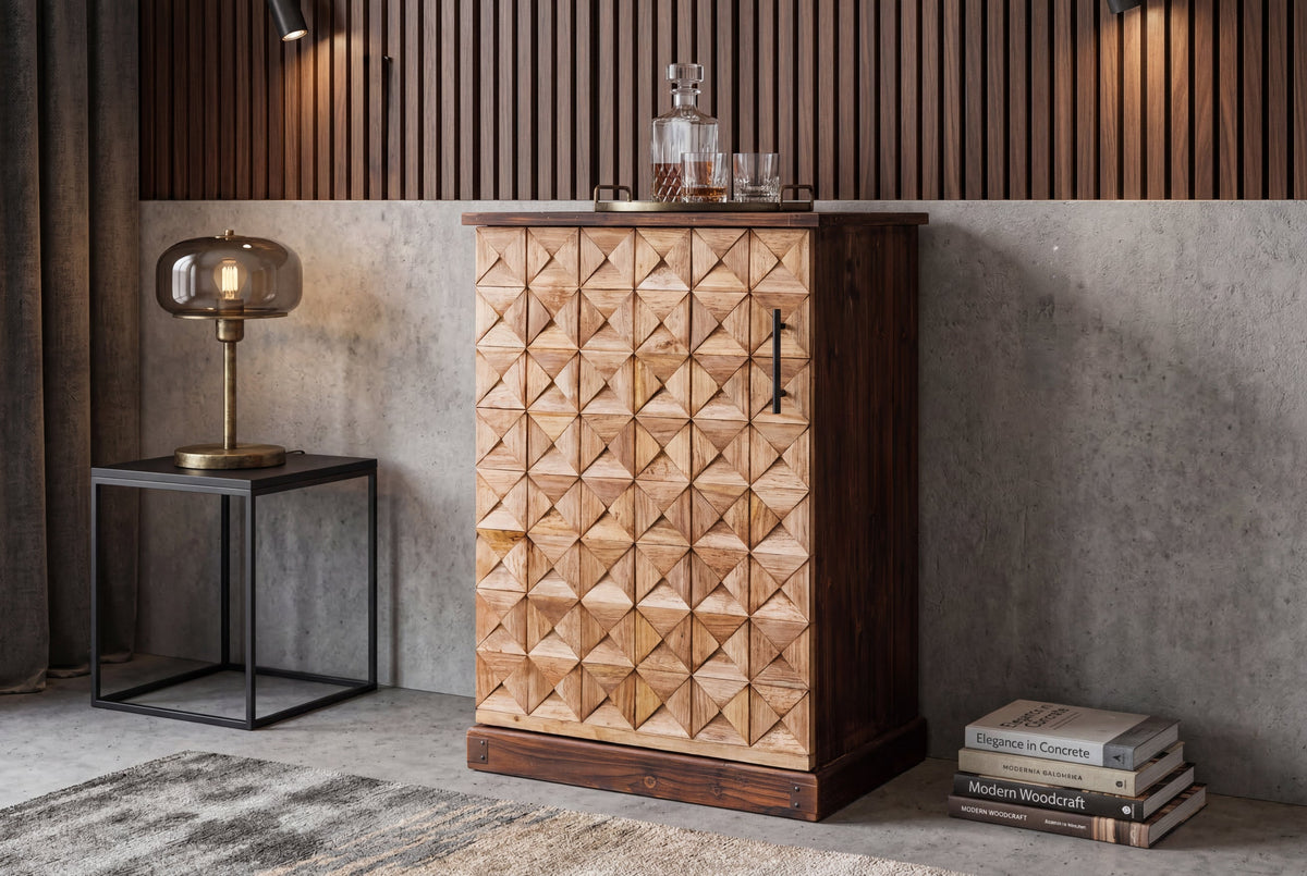 Meuble bar design BODEGA 90cm casier à vin en bois de pin naturel porte-verre tiroirs