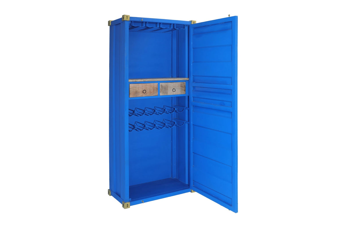 Meuble bar design conteneur GLOBETROTTER 180cm casier à vin bleu upcycling