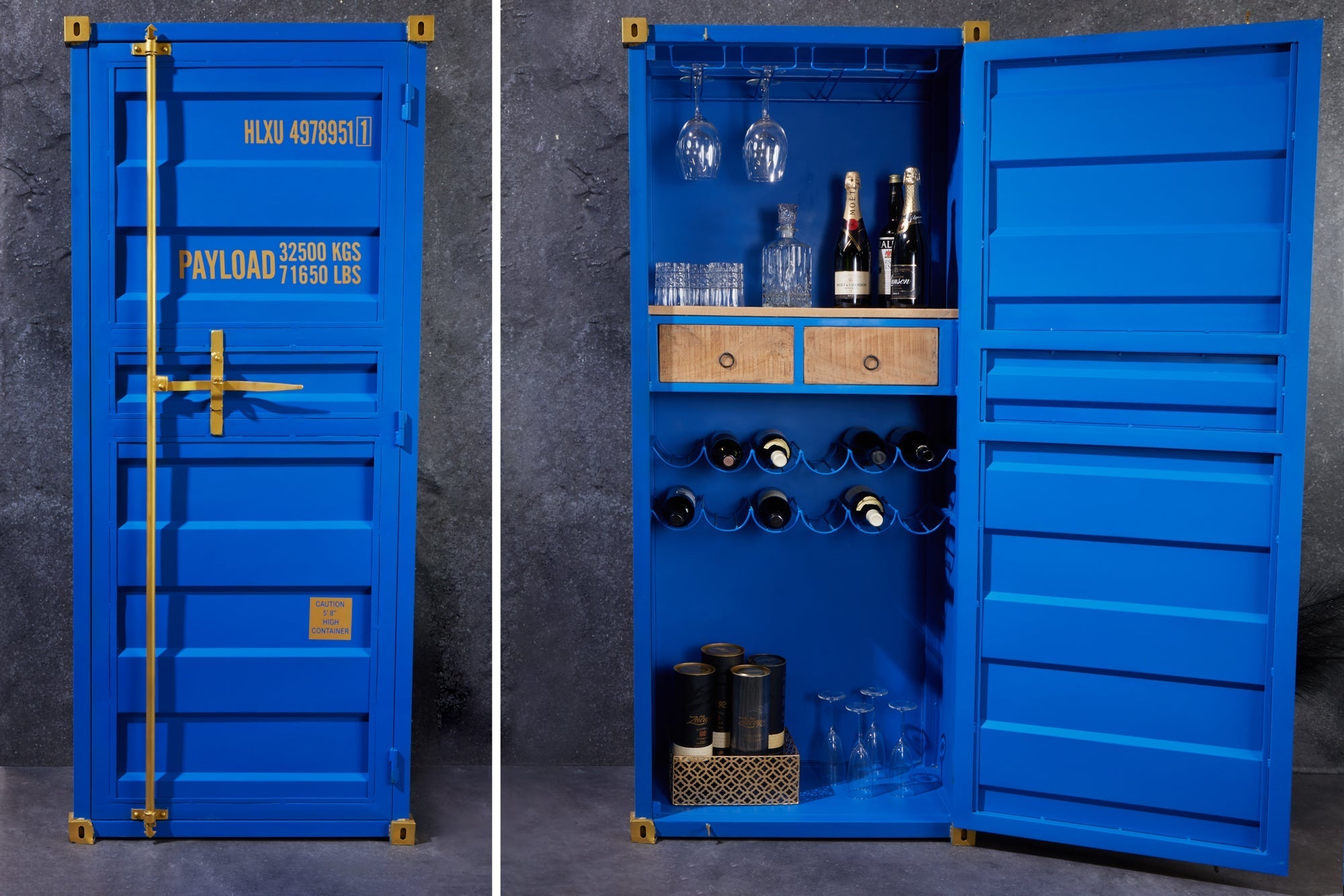 Meuble bar design conteneur GLOBETROTTER 180cm casier à vin bleu upcycling