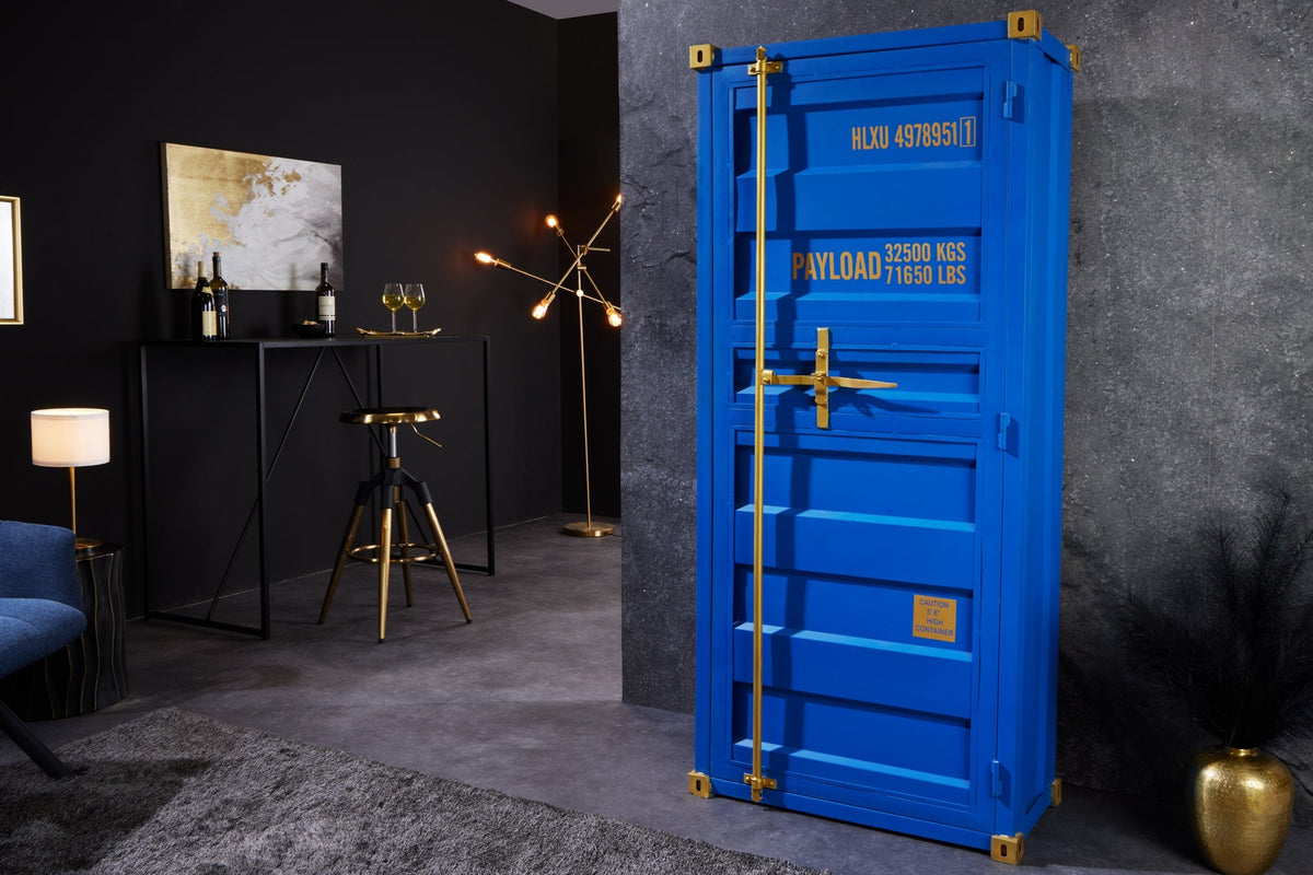 Meuble bar design conteneur GLOBETROTTER 180cm casier à vin bleu upcycling