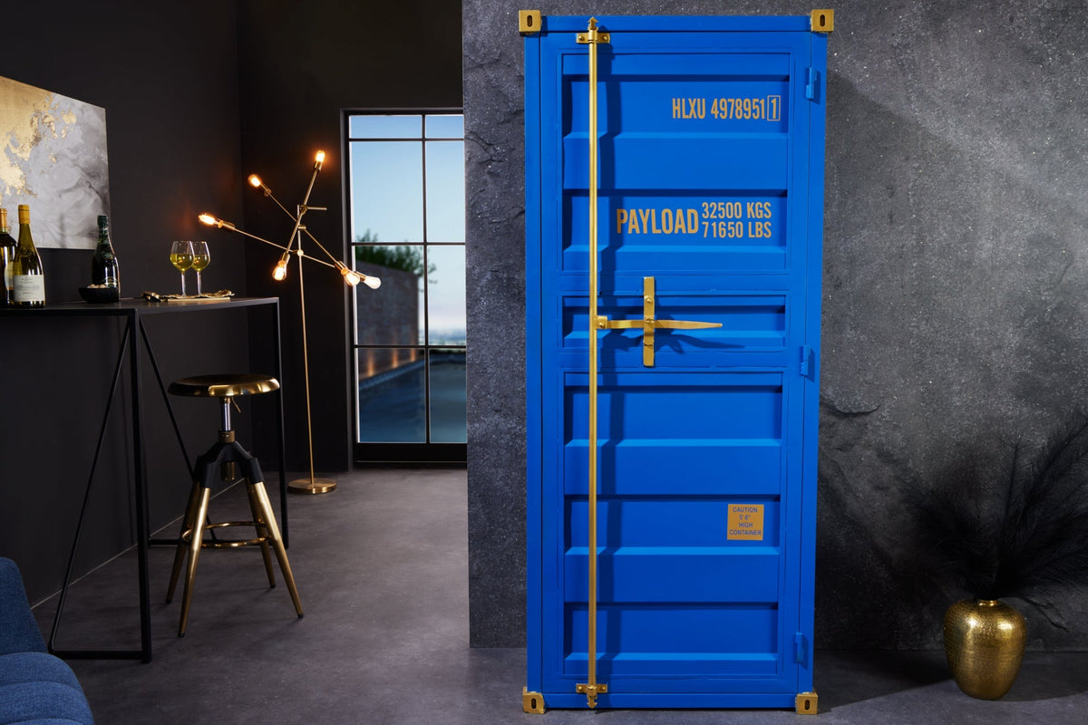 Meuble bar design conteneur GLOBETROTTER 180cm casier à vin bleu upcycling