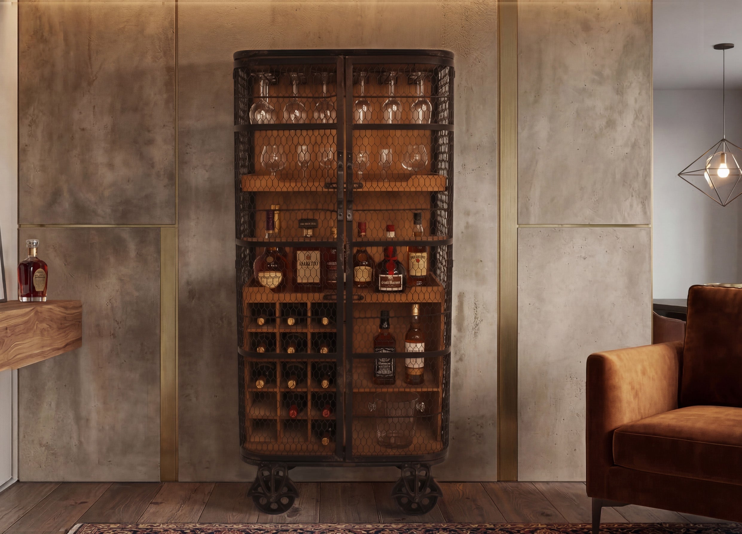 Meuble bar design LOFT 150cm bois de pin naturel métal avec étagère à bouteilles
