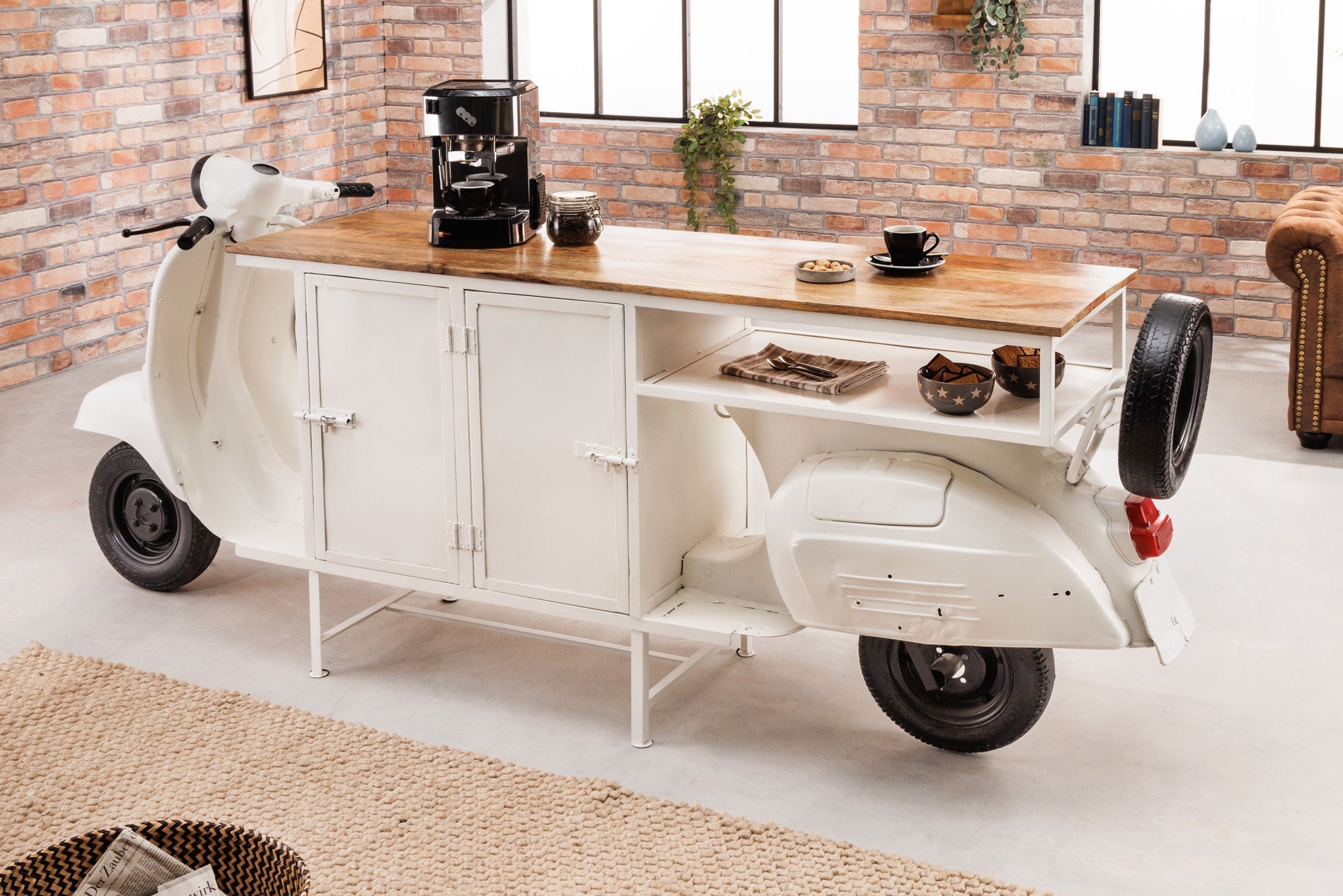 Extravagante bar SCOOTER 250cm blanco retro consola scooter con madera de mango upcycled