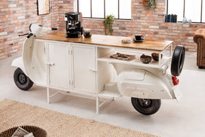 Meuble bar extravagant SCOOTER 250cm blanc rétro console scooter avec bois de manguier upcyclé
