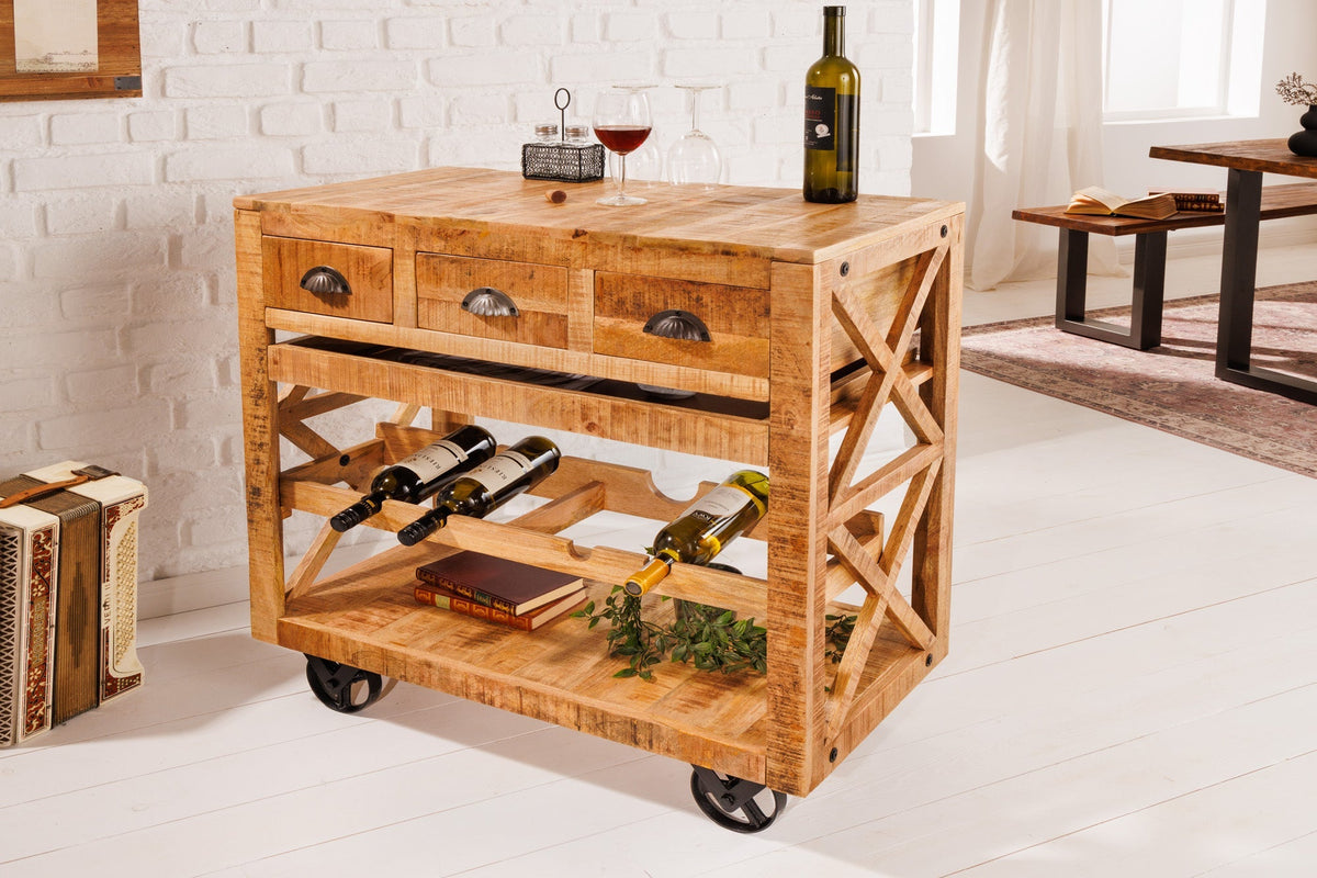 Meuble bar industriel BODEGA Chariot de service en manguier 86 cm avec casier à vin