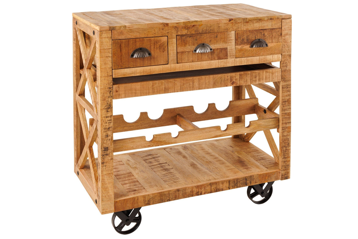 Meuble bar industriel BODEGA Chariot de service en manguier 86 cm avec casier à vin