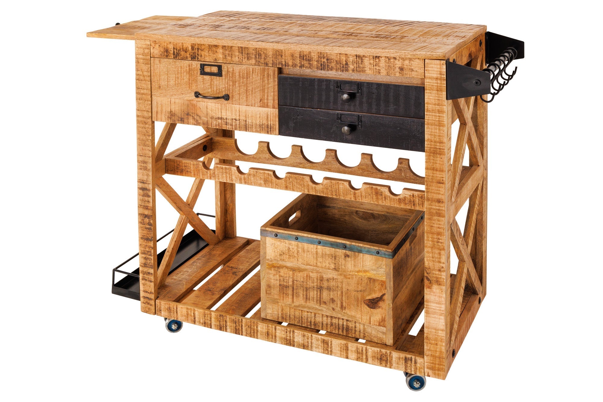Meuble bar industriel BODEGA Chariot de service en manguier 86cm avec casier à bouteilles et suspension