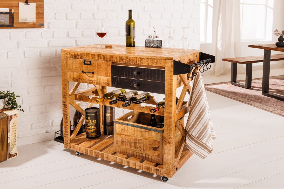 Meuble bar industriel BODEGA Chariot de service en manguier 86cm avec casier à bouteilles et suspension