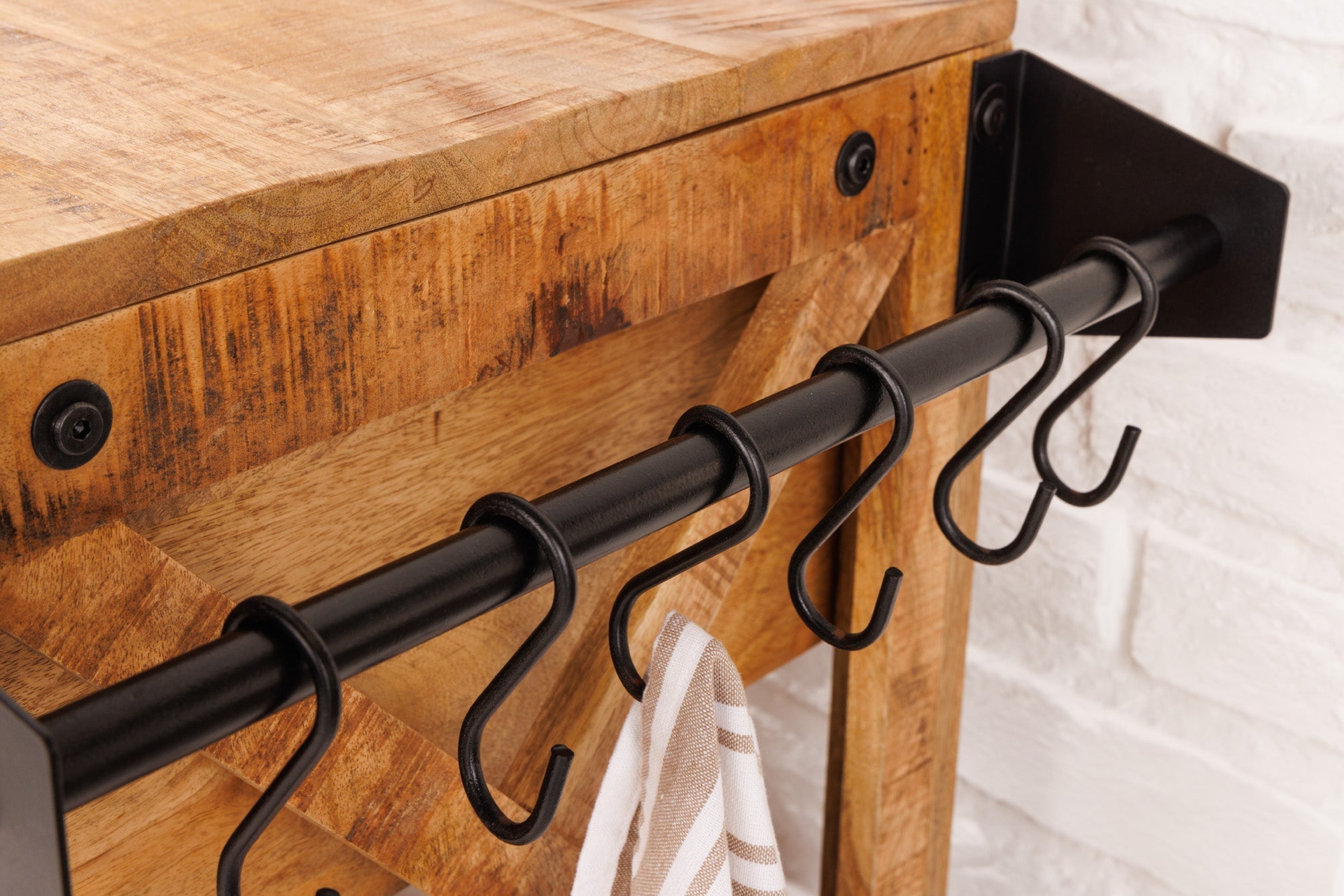 Meuble bar industriel BODEGA Chariot de service en manguier 86cm avec casier à bouteilles et suspension