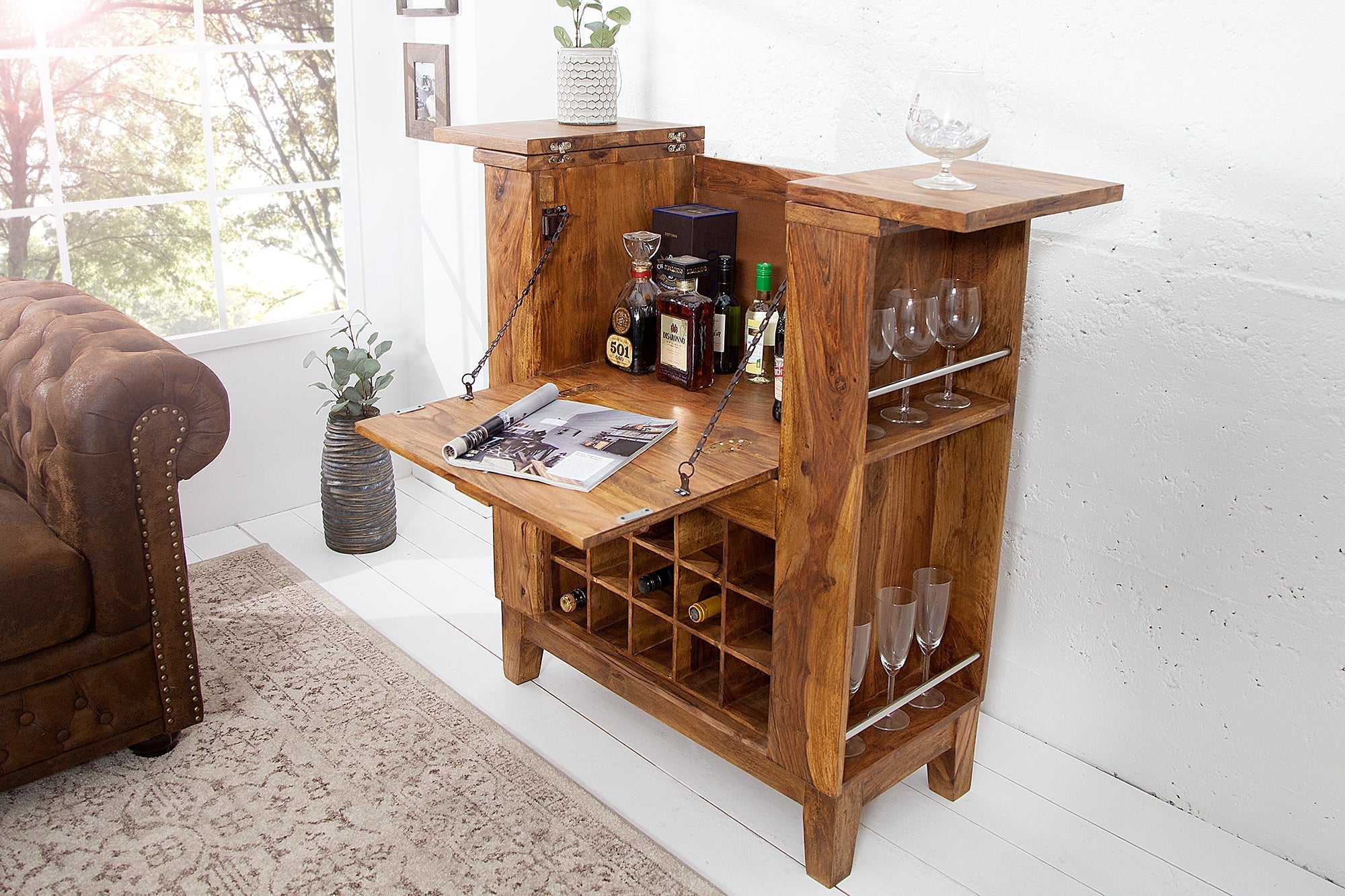 Meuble bar massif MAKASSAR 85cm marron finition pierre Sheesham home bar