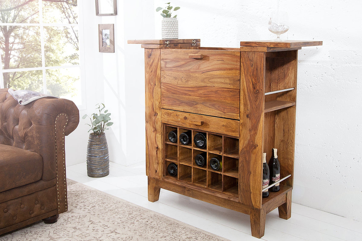 Meuble bar massif MAKASSAR 85cm marron finition pierre Sheesham home bar