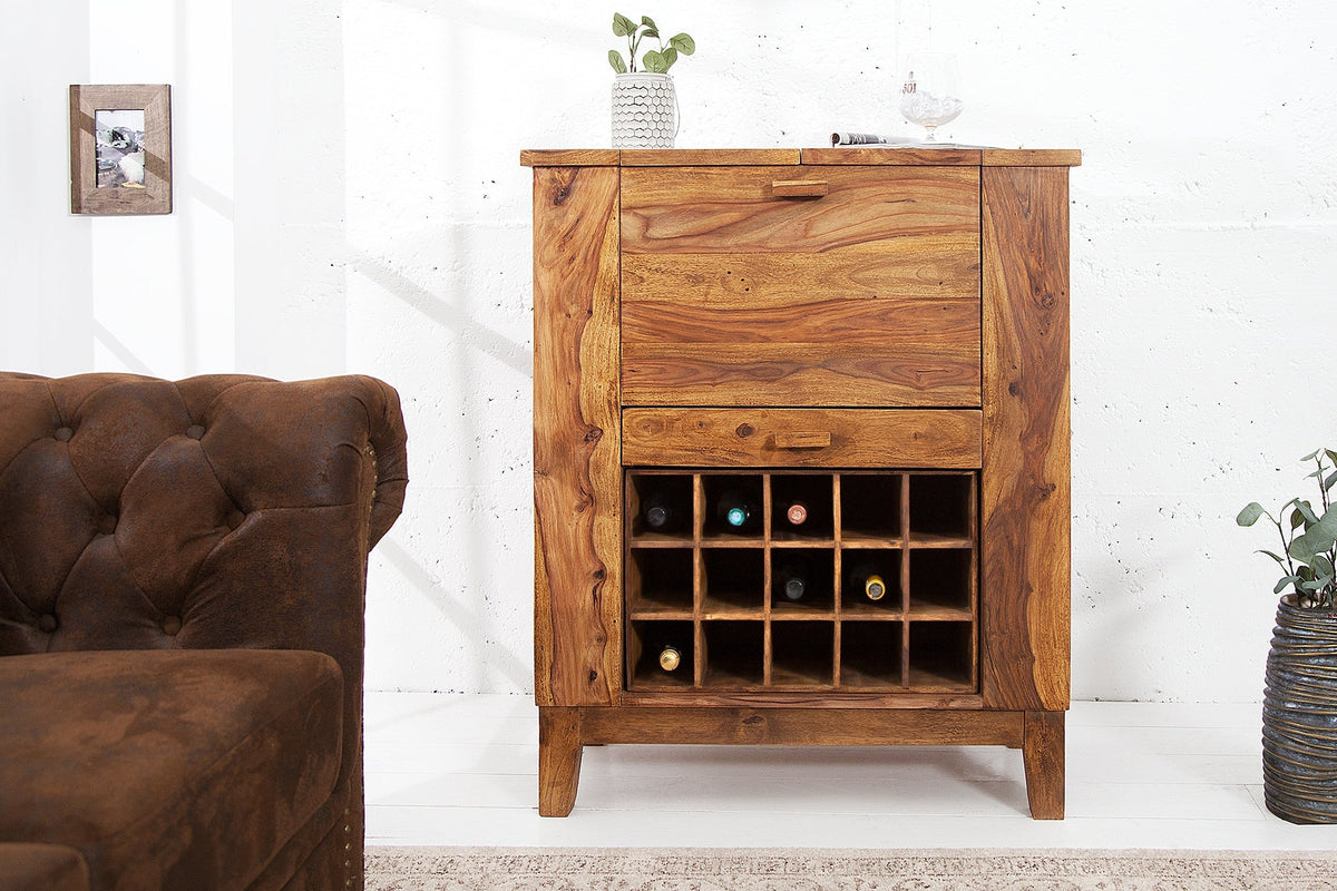 Meuble bar massif MAKASSAR 85cm marron finition pierre Sheesham home bar