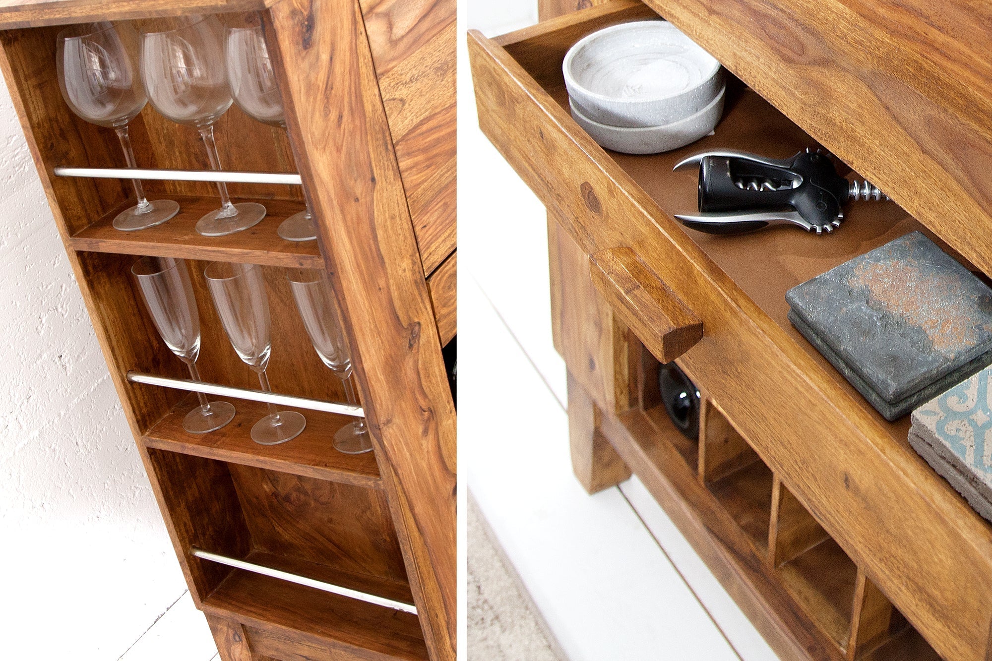 Meuble bar massif MAKASSAR 85cm marron finition pierre Sheesham home bar