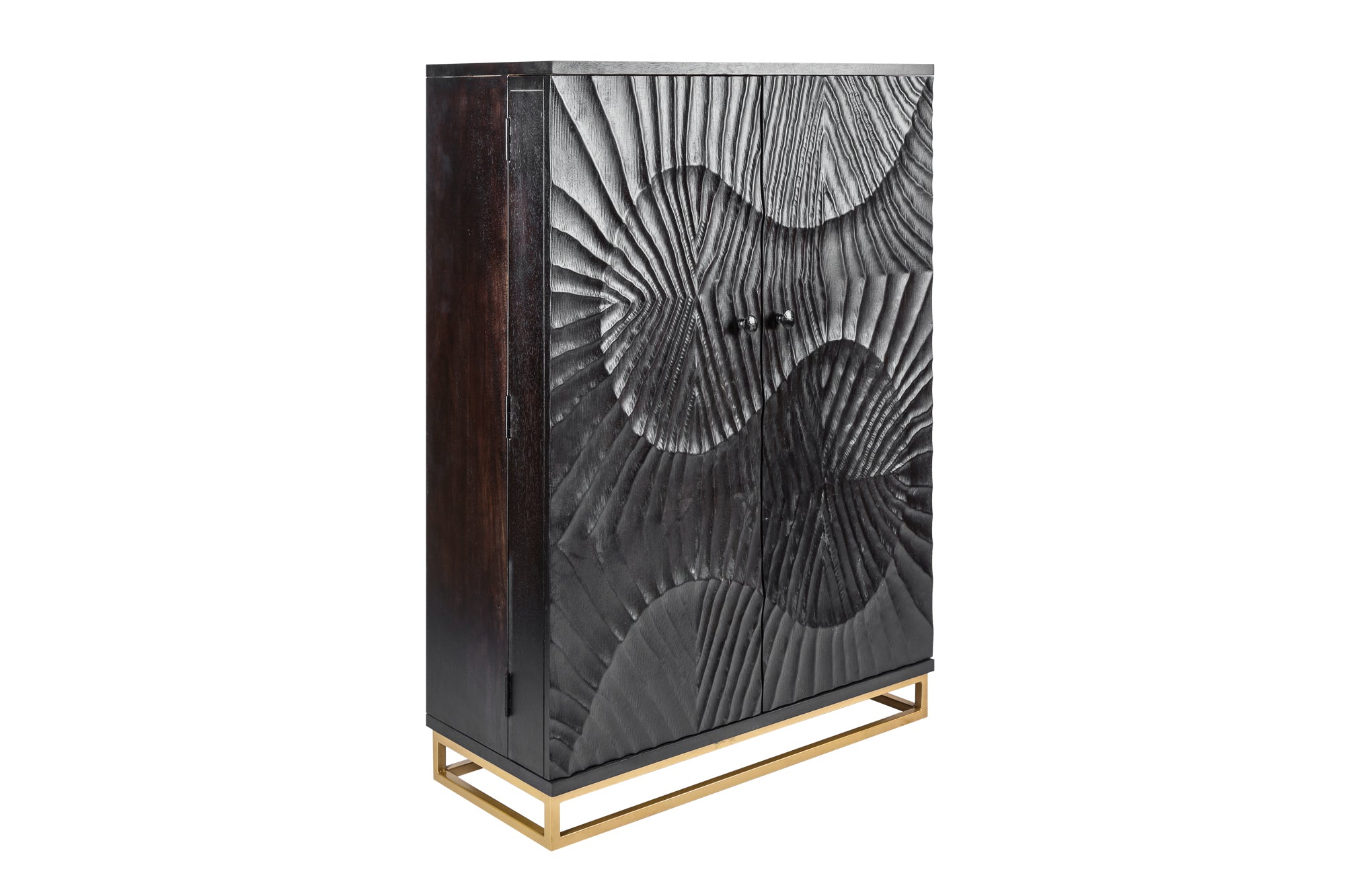 Meuble bar massif SCORPION 141cm en manguier noir avec sculptures 3D