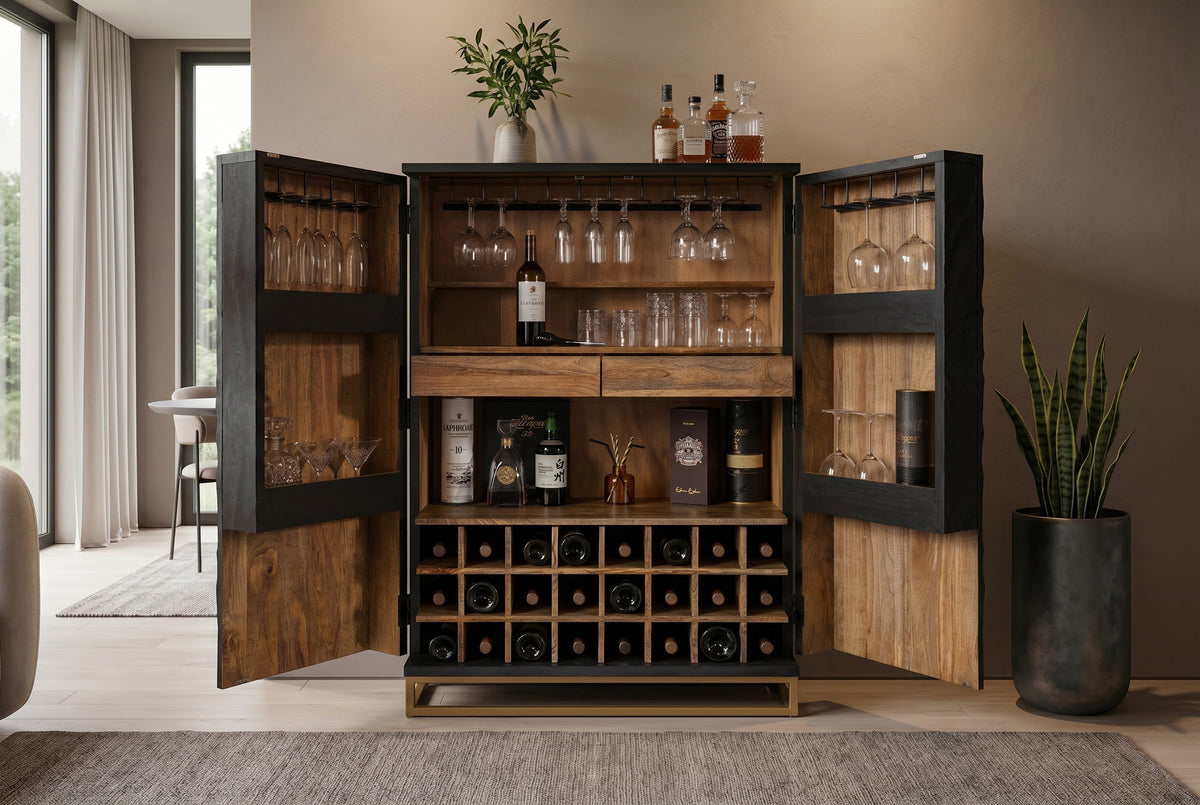 Meuble bar massif SCORPION 141cm en manguier noir avec sculptures 3D