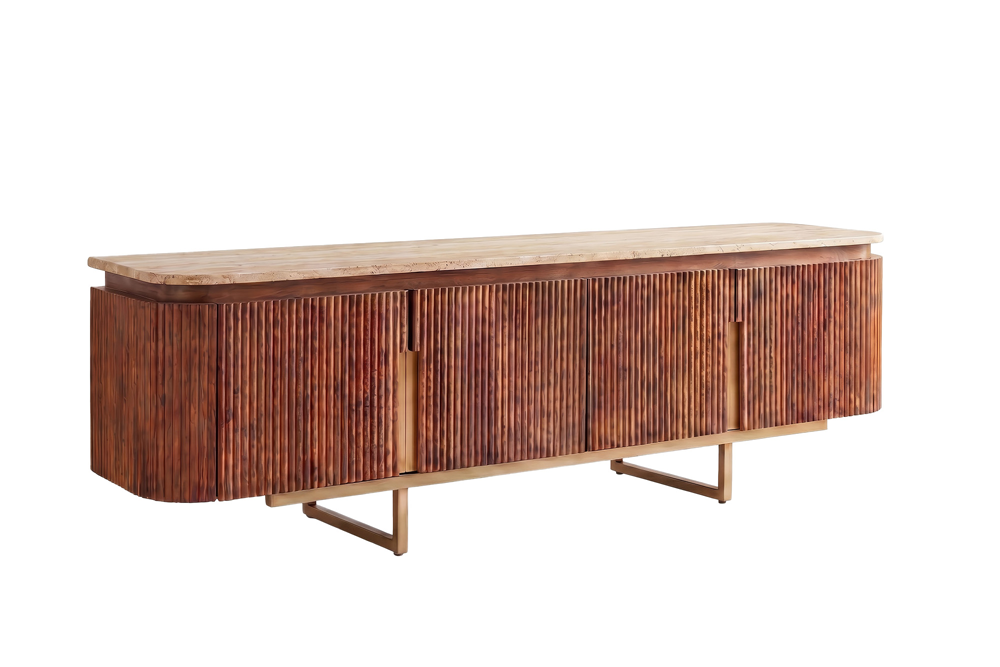 Meuble TV design GATSBY 160cm en bois de manguier marron doré avec structure en métal travertin
