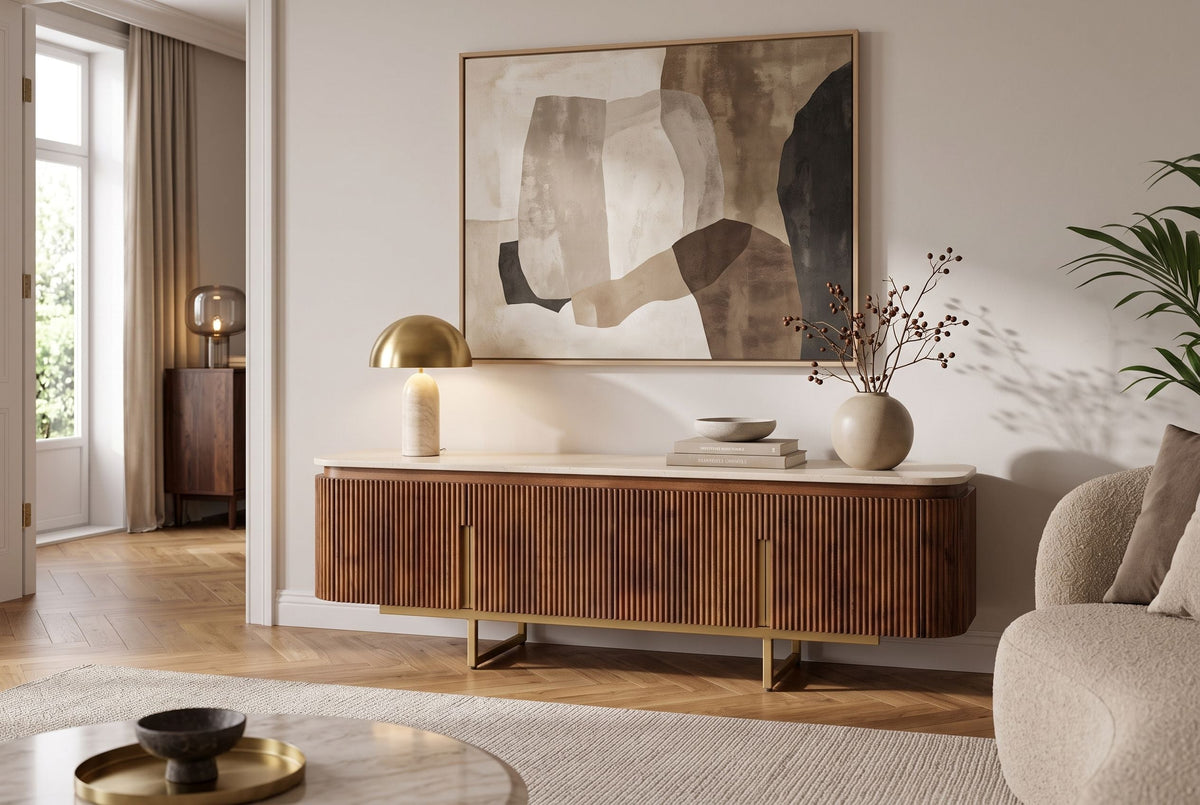 Meuble TV design GATSBY 160cm en bois de manguier marron doré avec structure en métal travertin