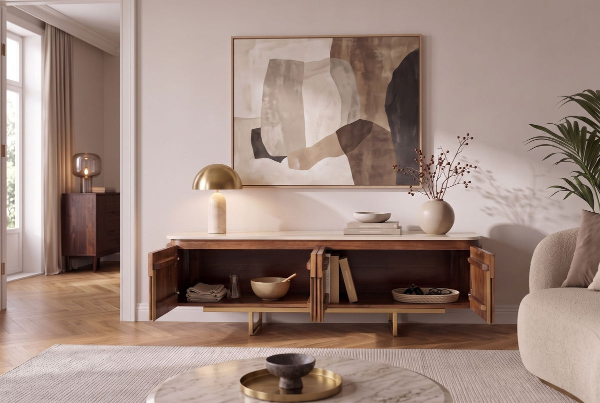 Meuble TV design GATSBY 160cm en bois de manguier marron doré avec structure en métal travertin