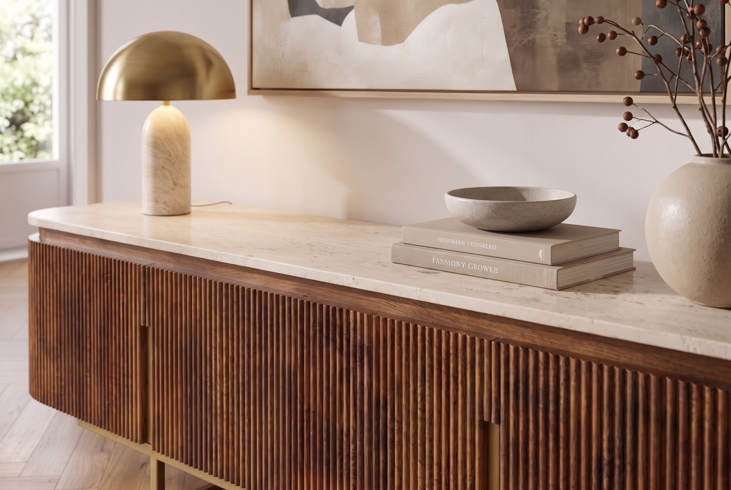 Meuble TV design GATSBY 160cm en bois de manguier marron doré avec structure en métal travertin