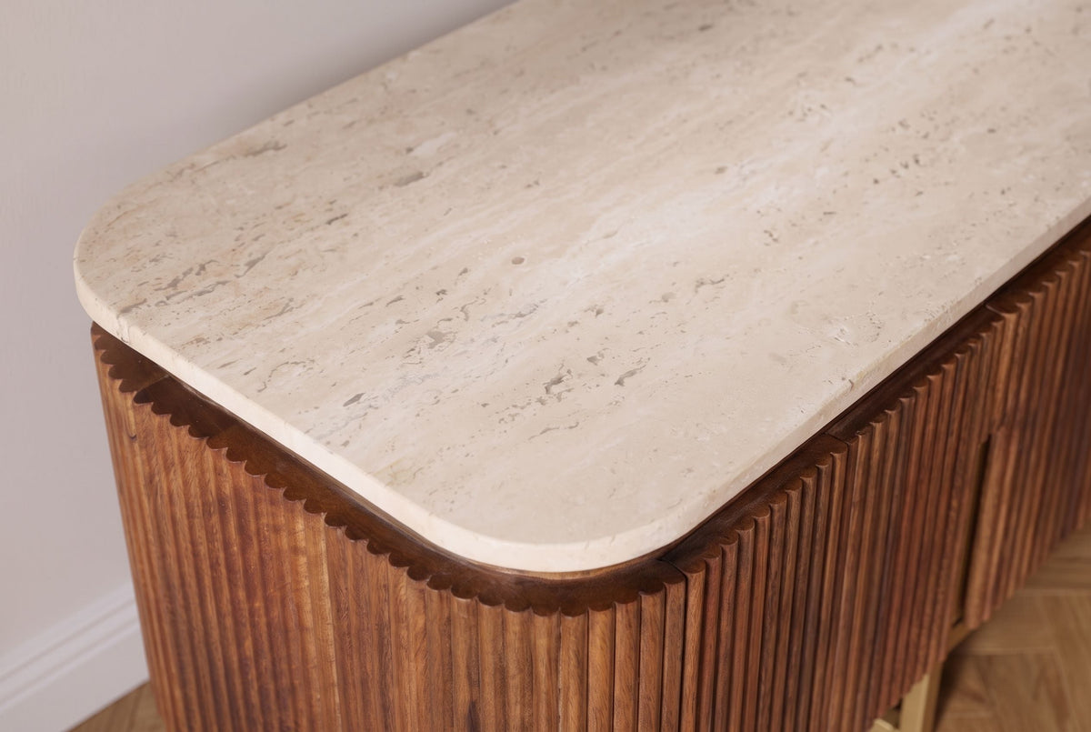 Meuble TV design GATSBY 160cm en bois de manguier marron doré avec structure en métal travertin