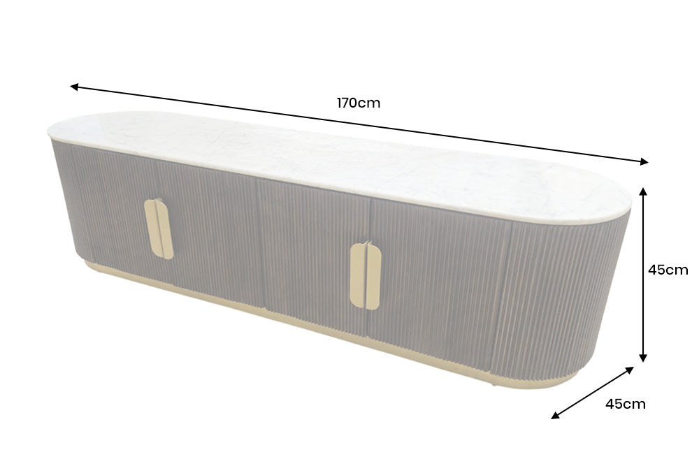 Meuble TV design GATSBY 170cm marron doré manguier dessus marbre blanc