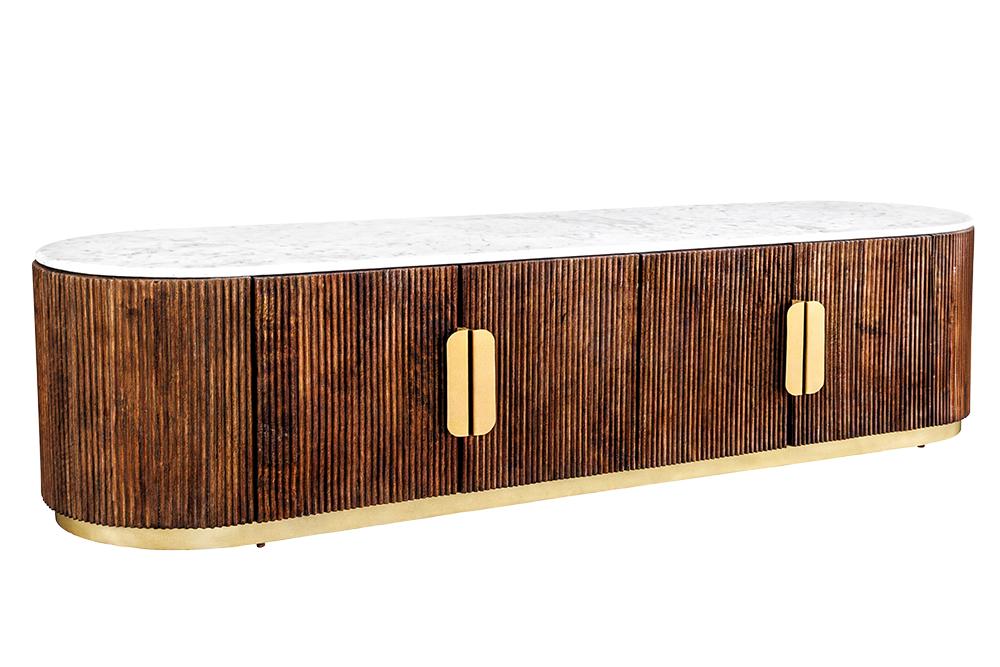 Meuble TV design GATSBY 170cm marron doré manguier dessus marbre blanc
