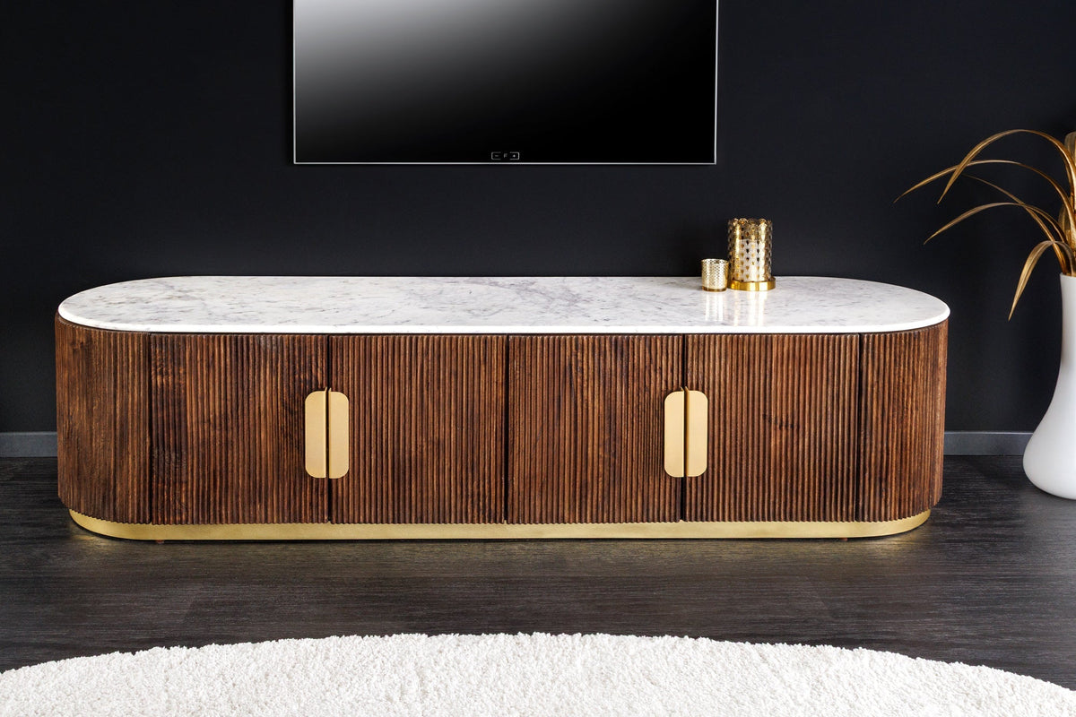 Meuble TV design GATSBY 170cm marron doré manguier dessus marbre blanc