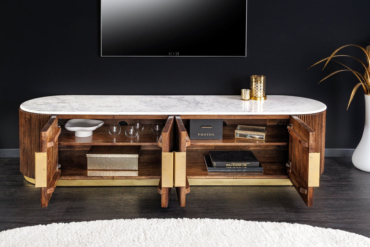 Meuble TV design GATSBY 170cm marron doré manguier dessus marbre blanc