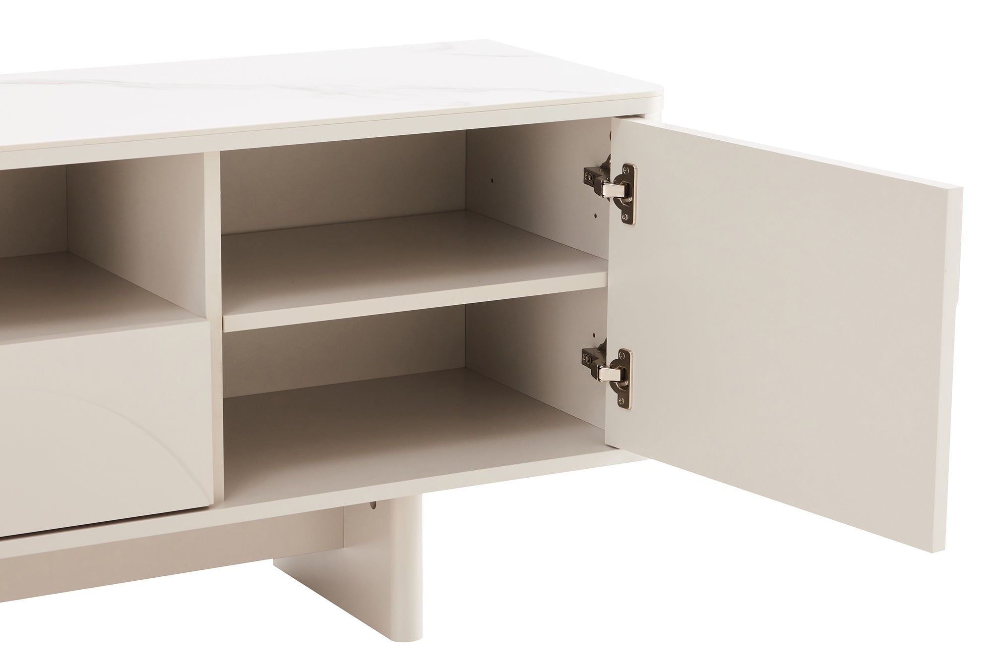 Meuble TV design SAVOY 150cm cachemire marbre blanc céramique avec rangements et façade 3D