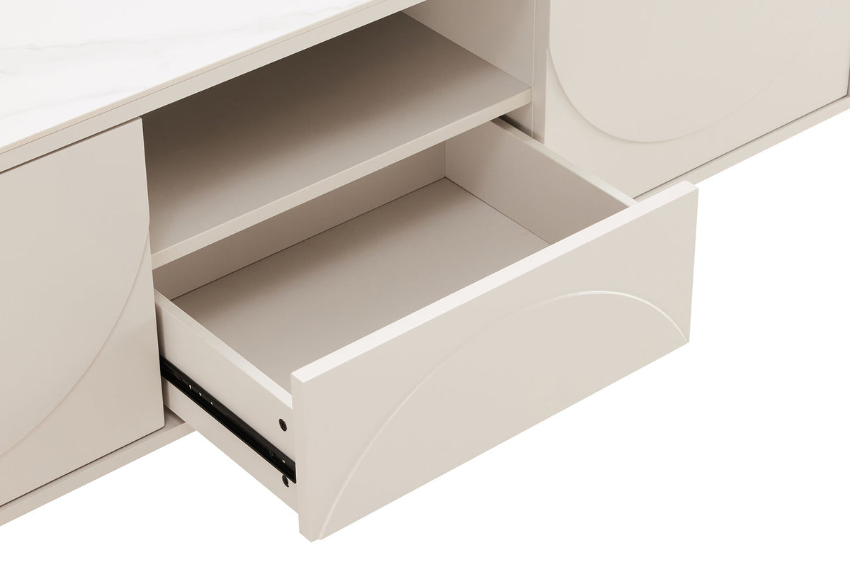 Meuble TV design SAVOY 150cm cachemire marbre blanc céramique avec rangements et façade 3D